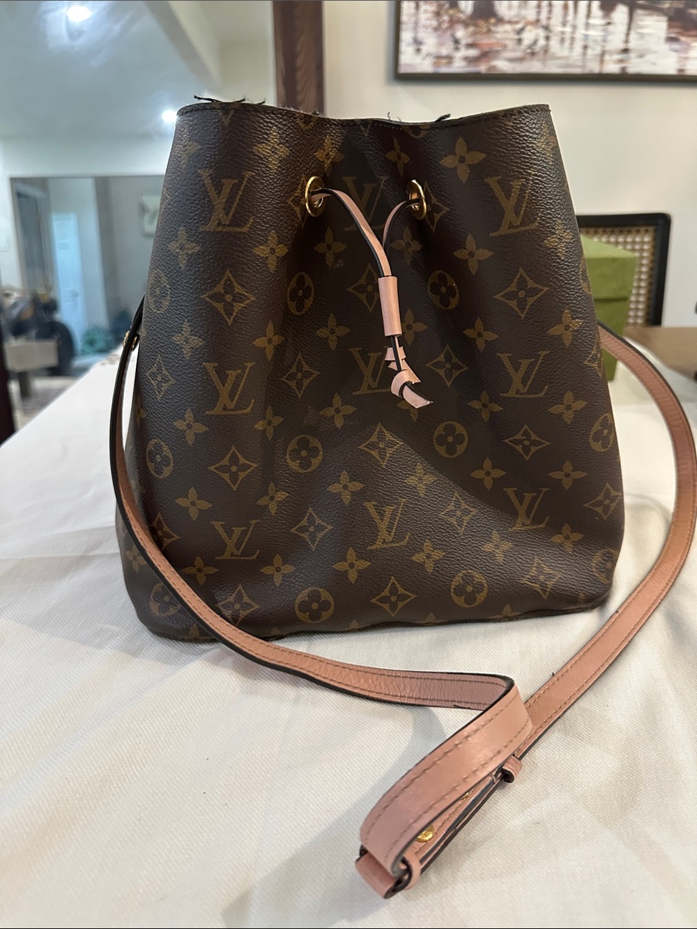 Louis Vuitton Brown Monogram Bucket Bag with Pink Trim